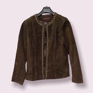 Hal Rubenstein Brown Suede Jacket w/ Chain Accent & Whipstitching